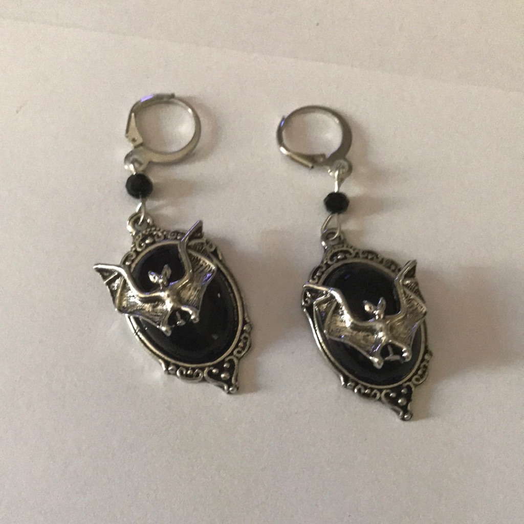 Silver And Black Bat Dangle Earrings 28$